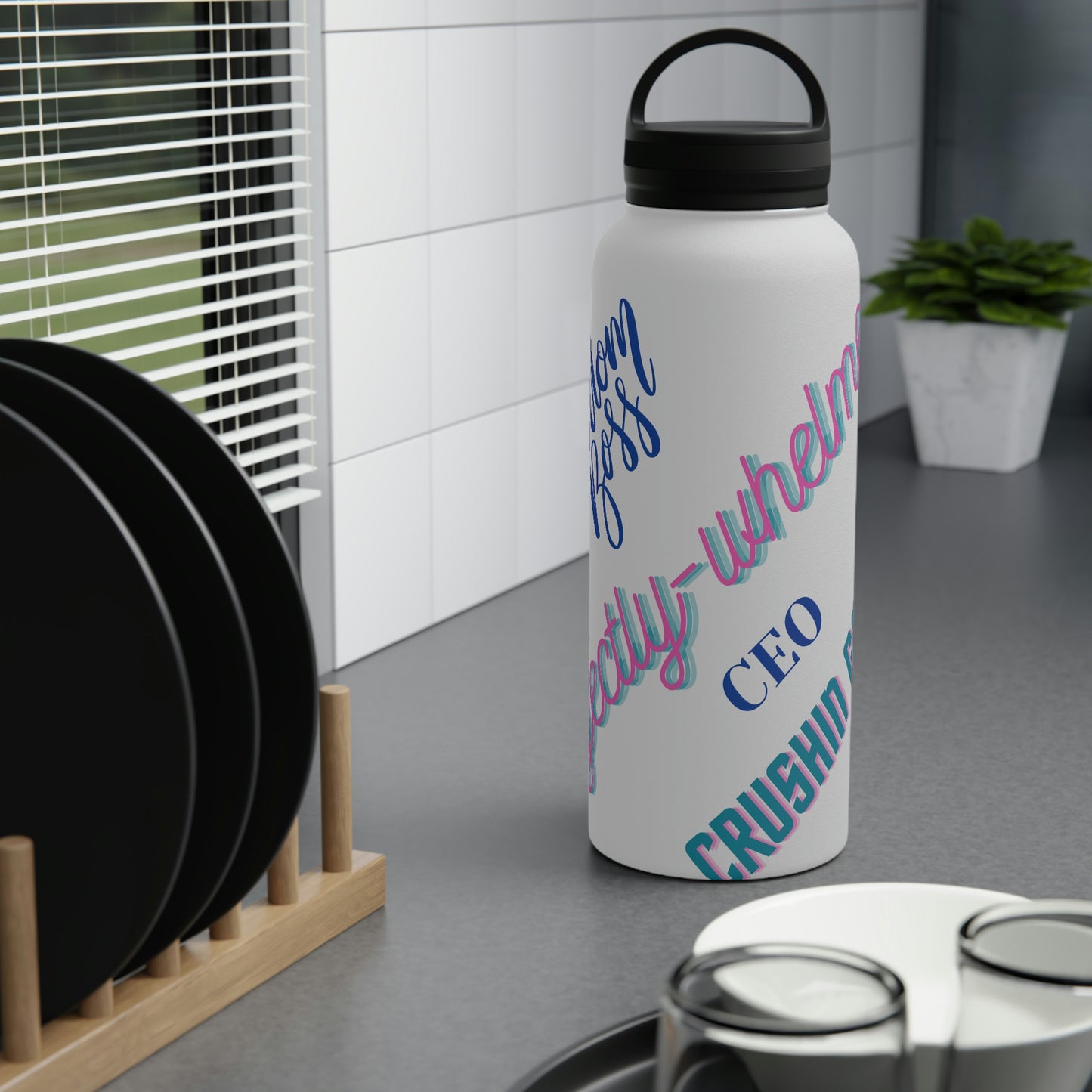 "Mom Boss" Stainless Steel Mom Boss Water Bottle, Handle Lid